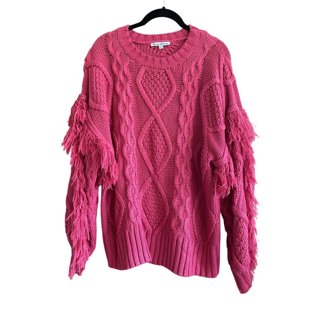 See and Be Seen Bright Pink Crewneck Fringe Sleeve Sweater Size Medium